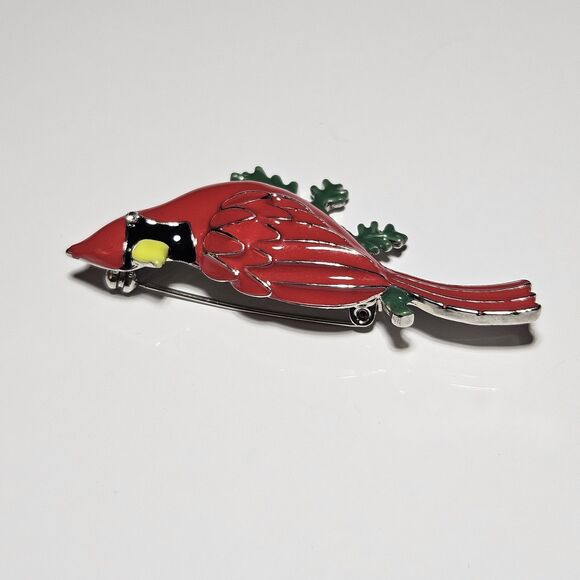 Silver Tone Cardinal Christmas Brooch Pin Red Green Enamel Clear Rhinestone Eye - Picture 8 of 10